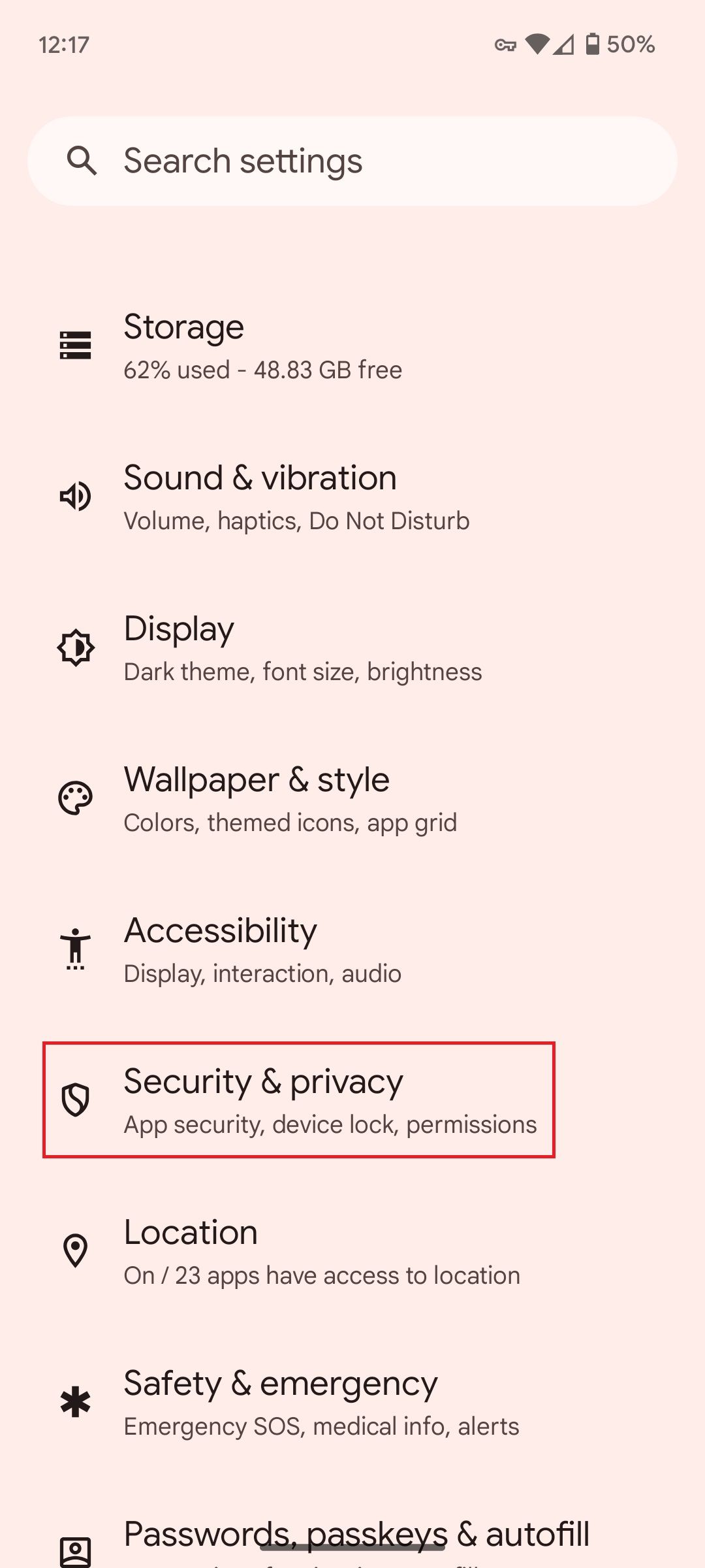 The Google Pixel Settings app with a red box around the Security & privacy option