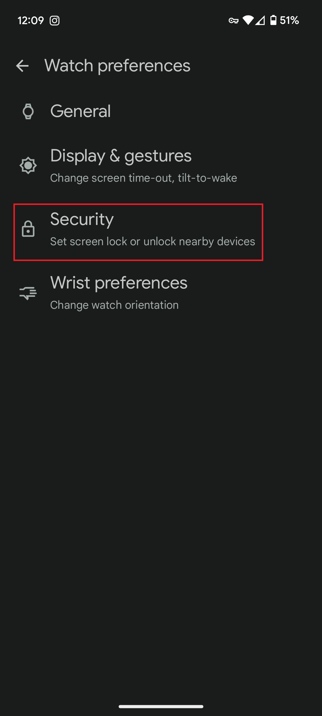 Watch Preferences settings in the Google Pixel Watch app with a red box around the Security option