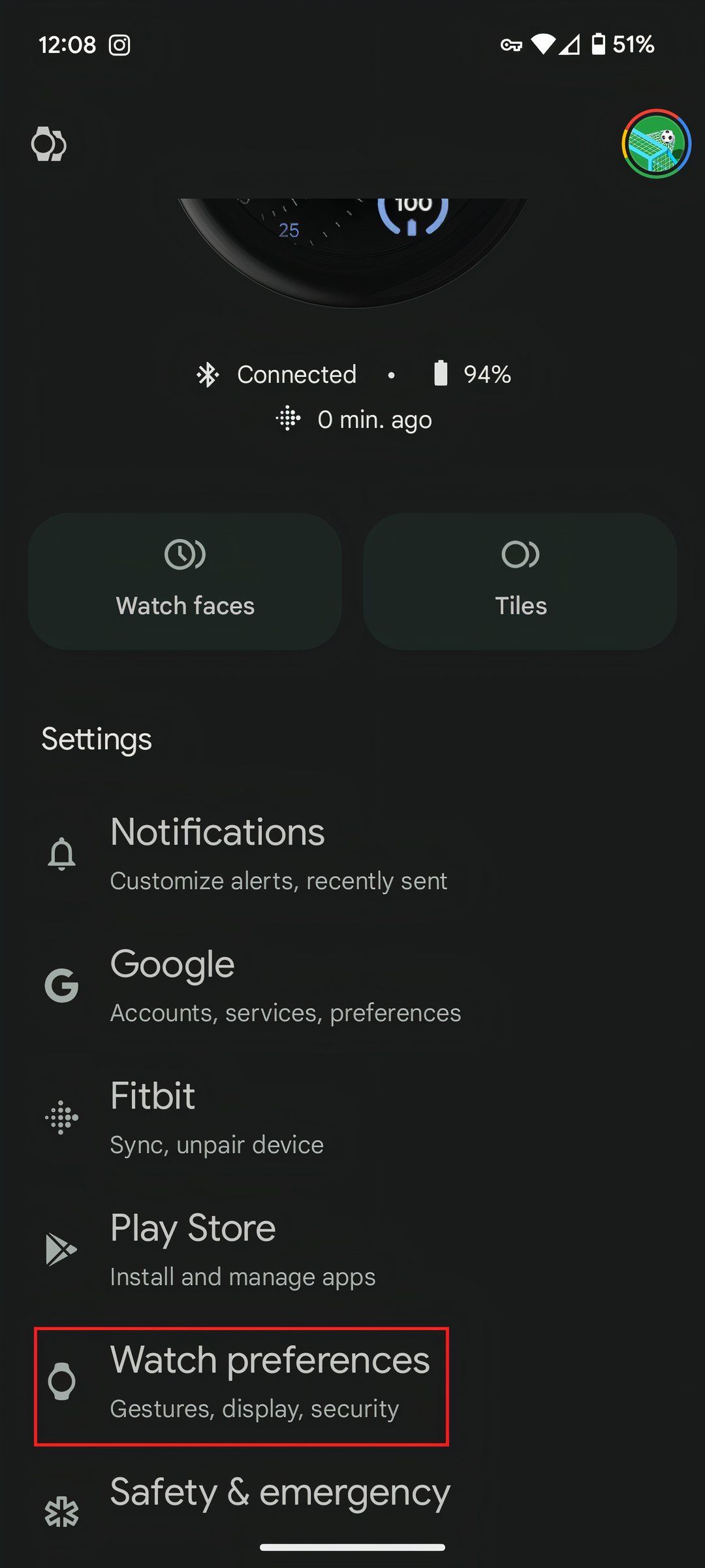 The Google Pixel Watch app with a red box around the Watch Preferences option