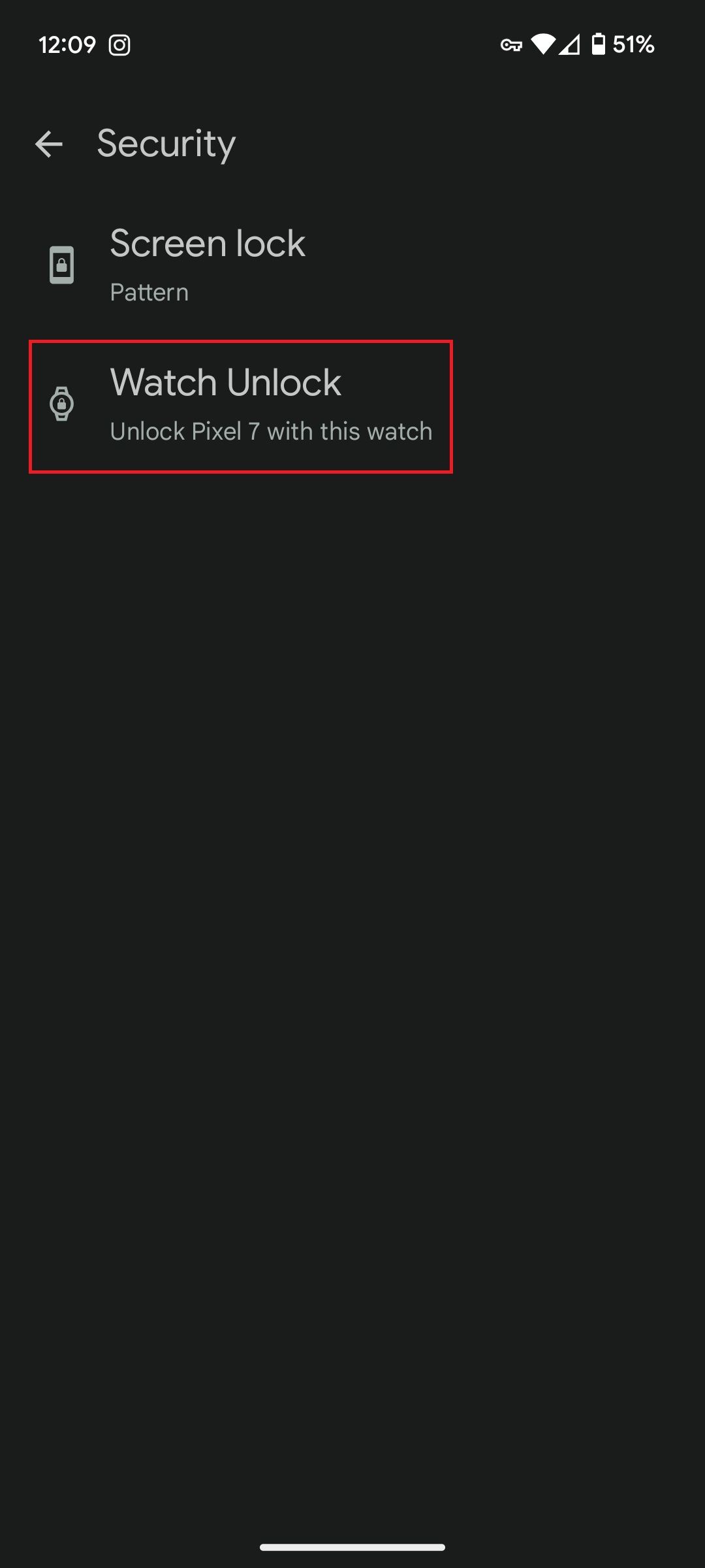 Security settings in the Google Pixel Watch app with a red box around the Watch Unlock option