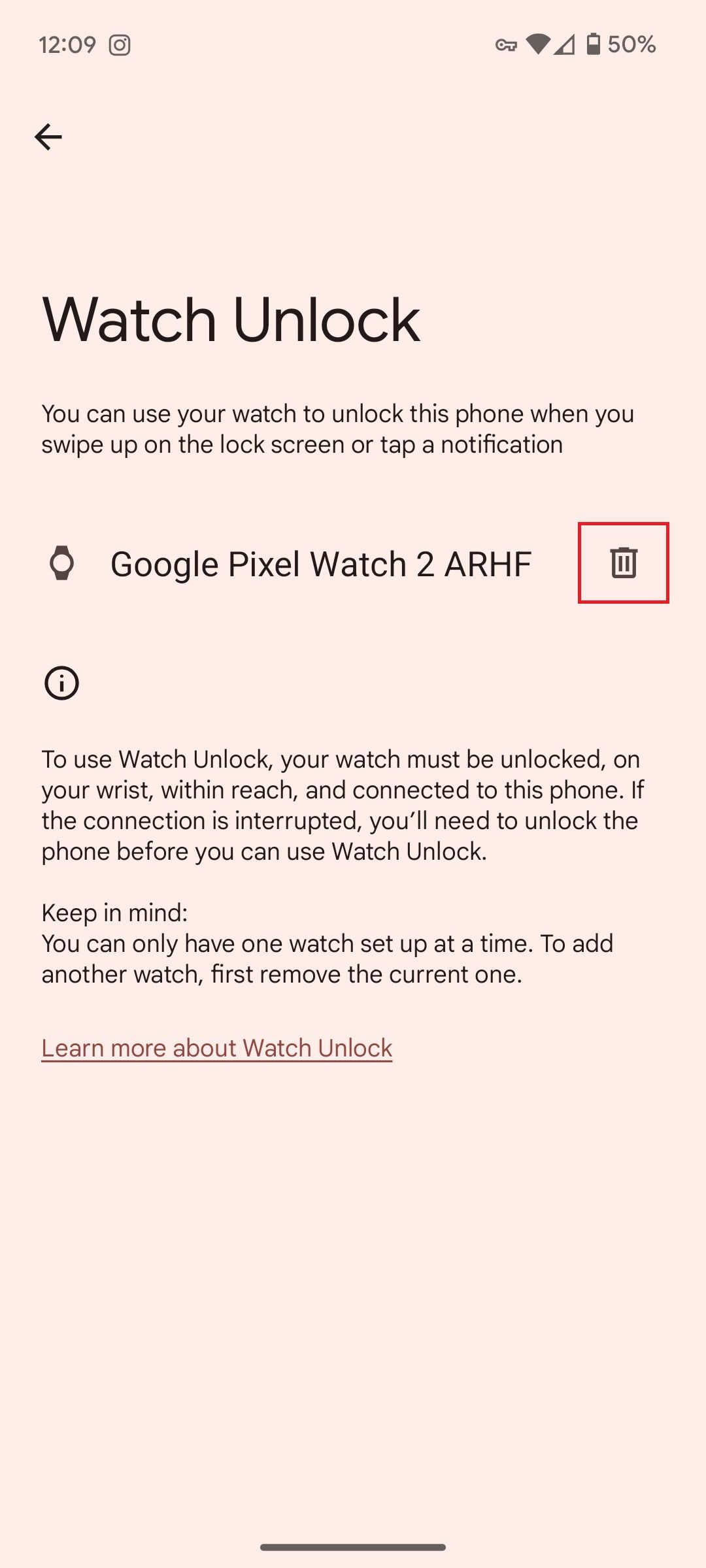 Watch Unlock settings on a Google Pixel phone with a red box around the trash can icon next to the name of a Pixel Watch