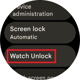 Security settings on a Google Pixel Watch with a red box around the Watch Unlock option