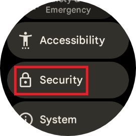 Settings on a Google Pixel watch with a red box around the Security option