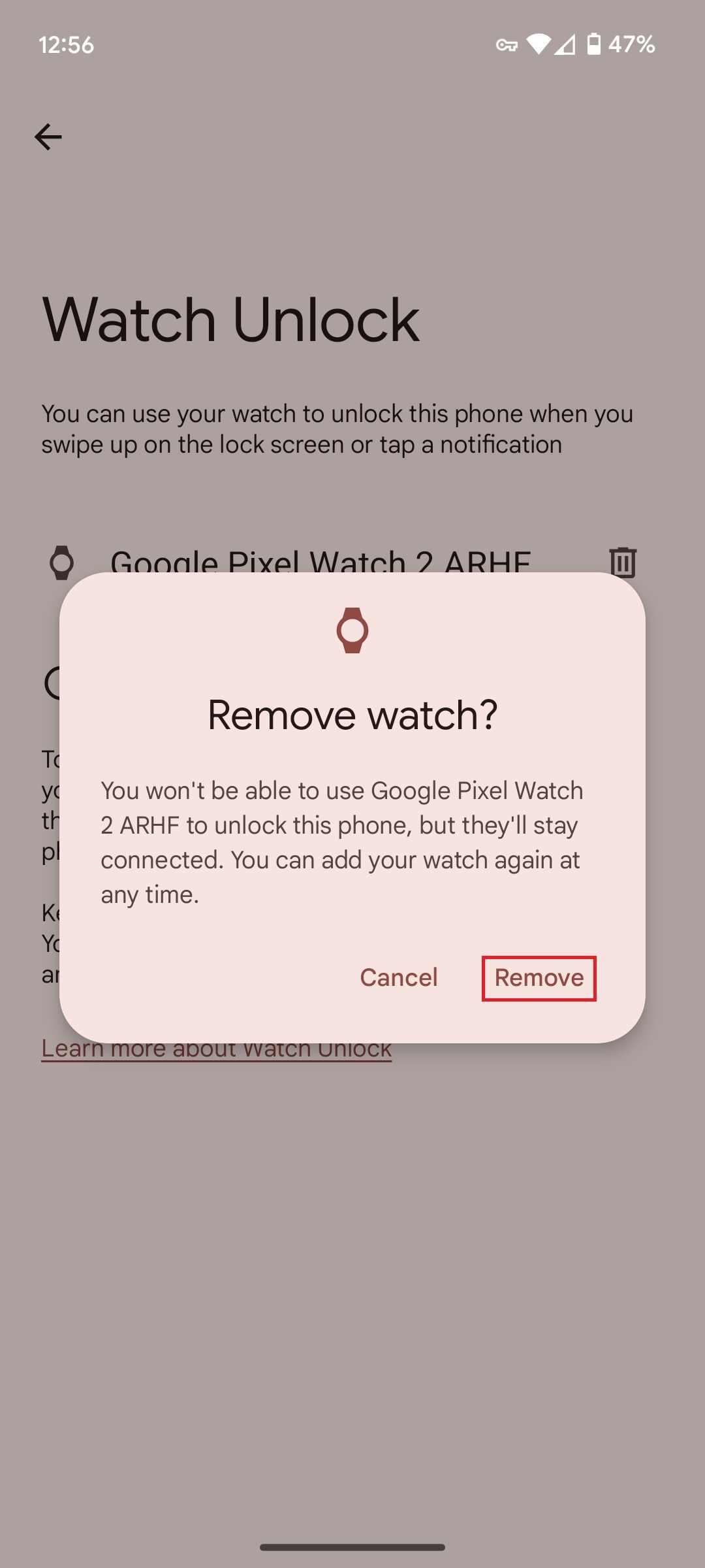 Watch Unlock settings on a Google Pixel phone with the "Remove watch?" pop up and a red box around the Remove button