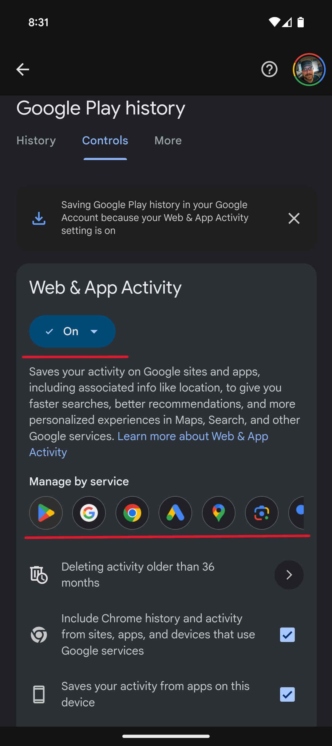 Google Play history screenshot showing web and app activity setting with play history