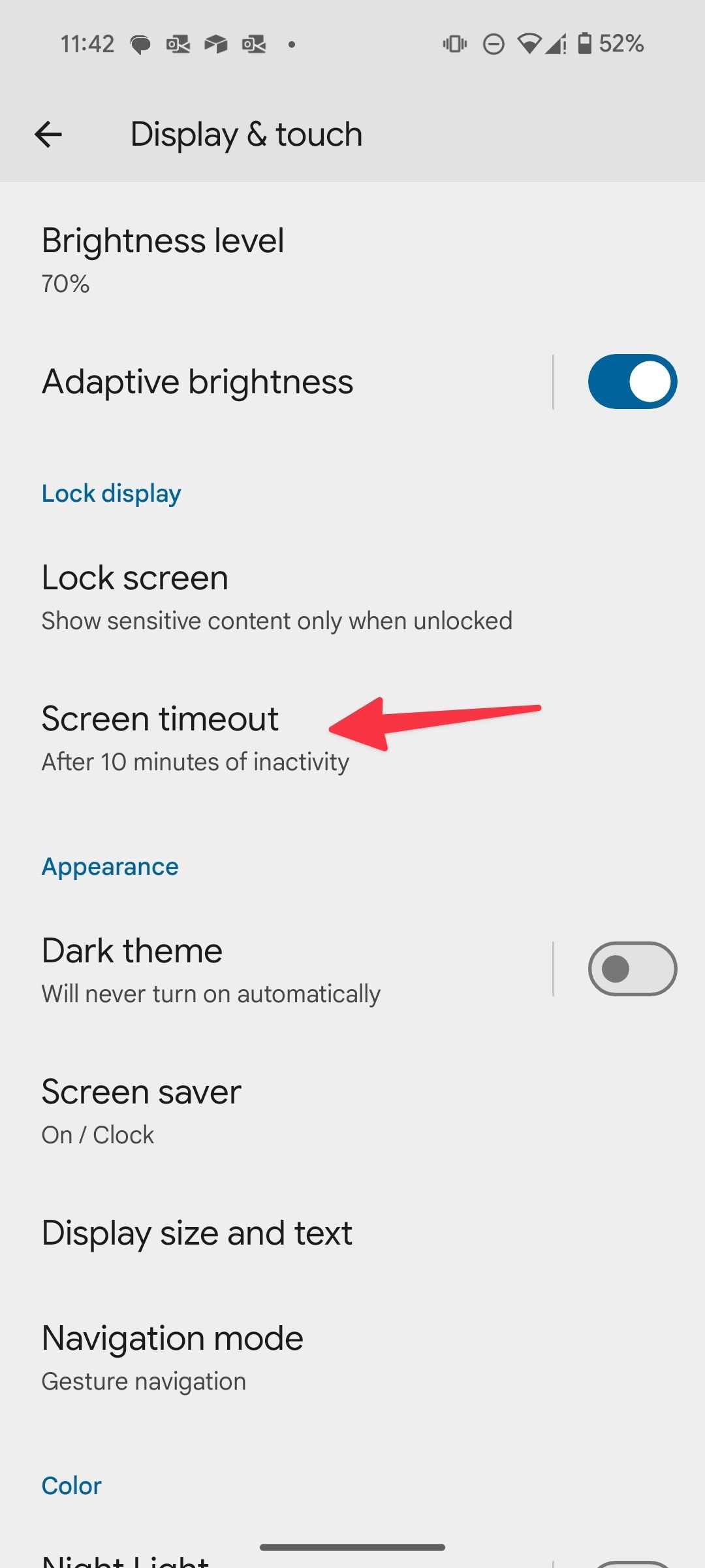 Screen timeout menu on Android