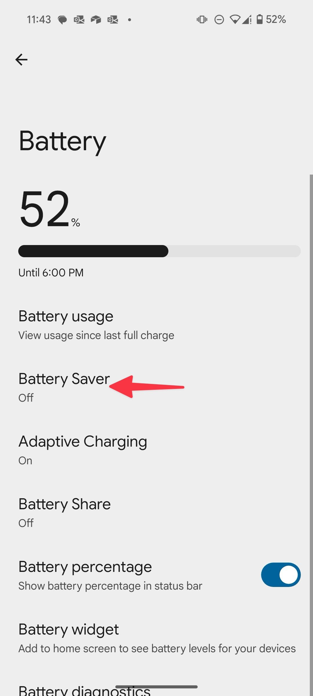 Open battery saver menu on Android