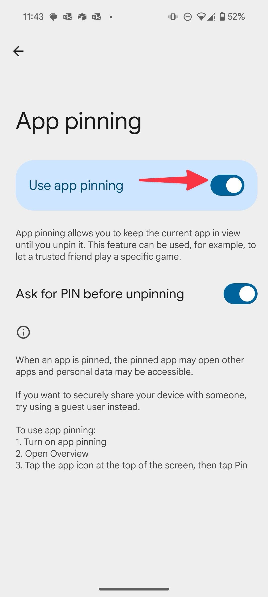 enable app pinning option