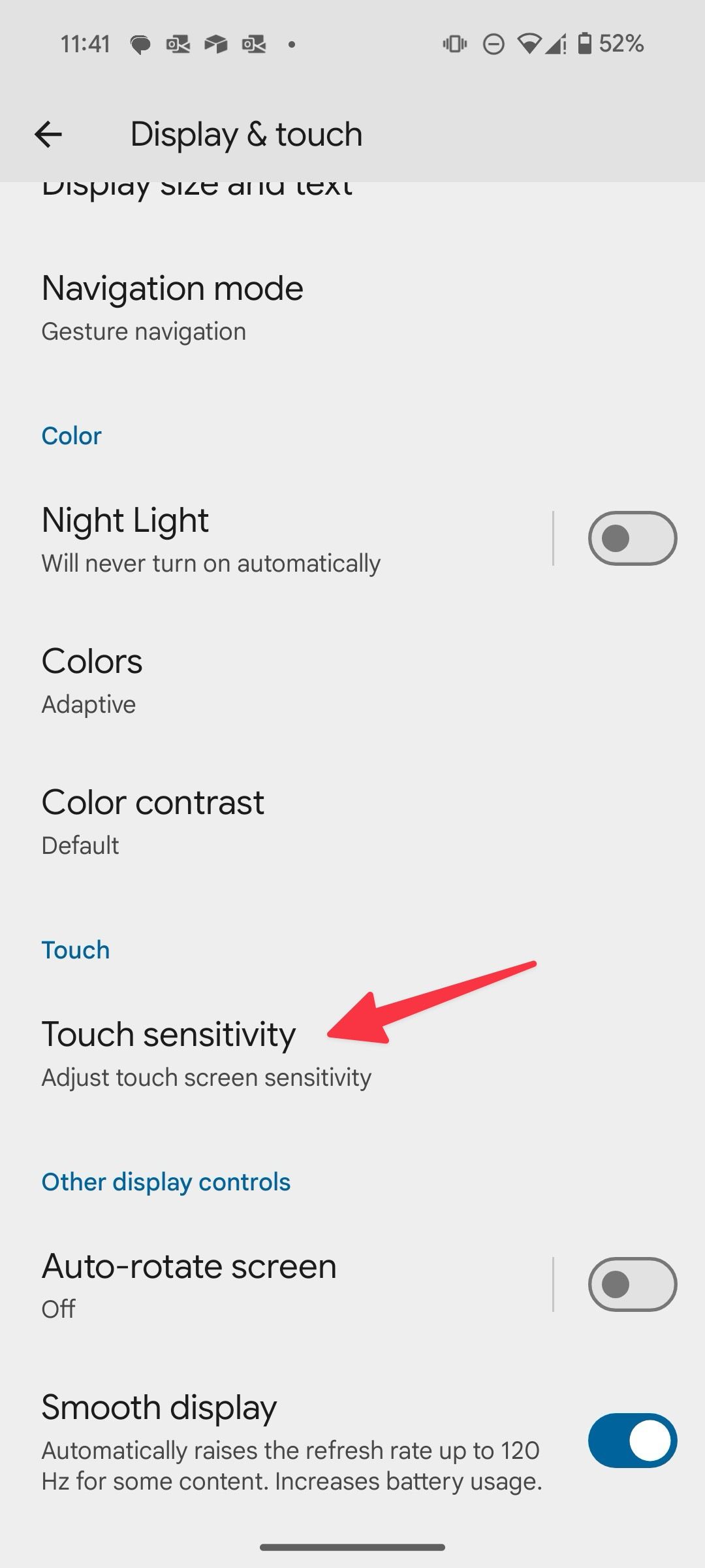 open touch sensitivity menu on Android