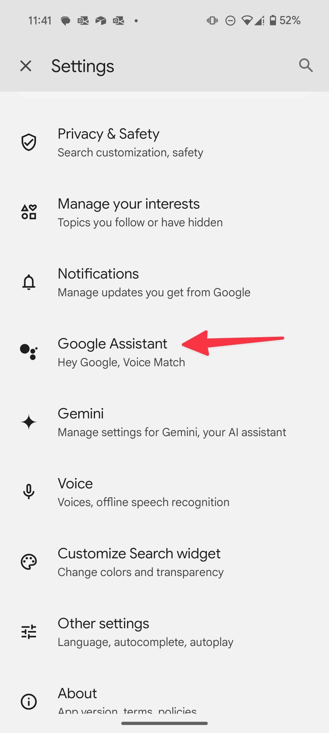 Open Google Assistant settings