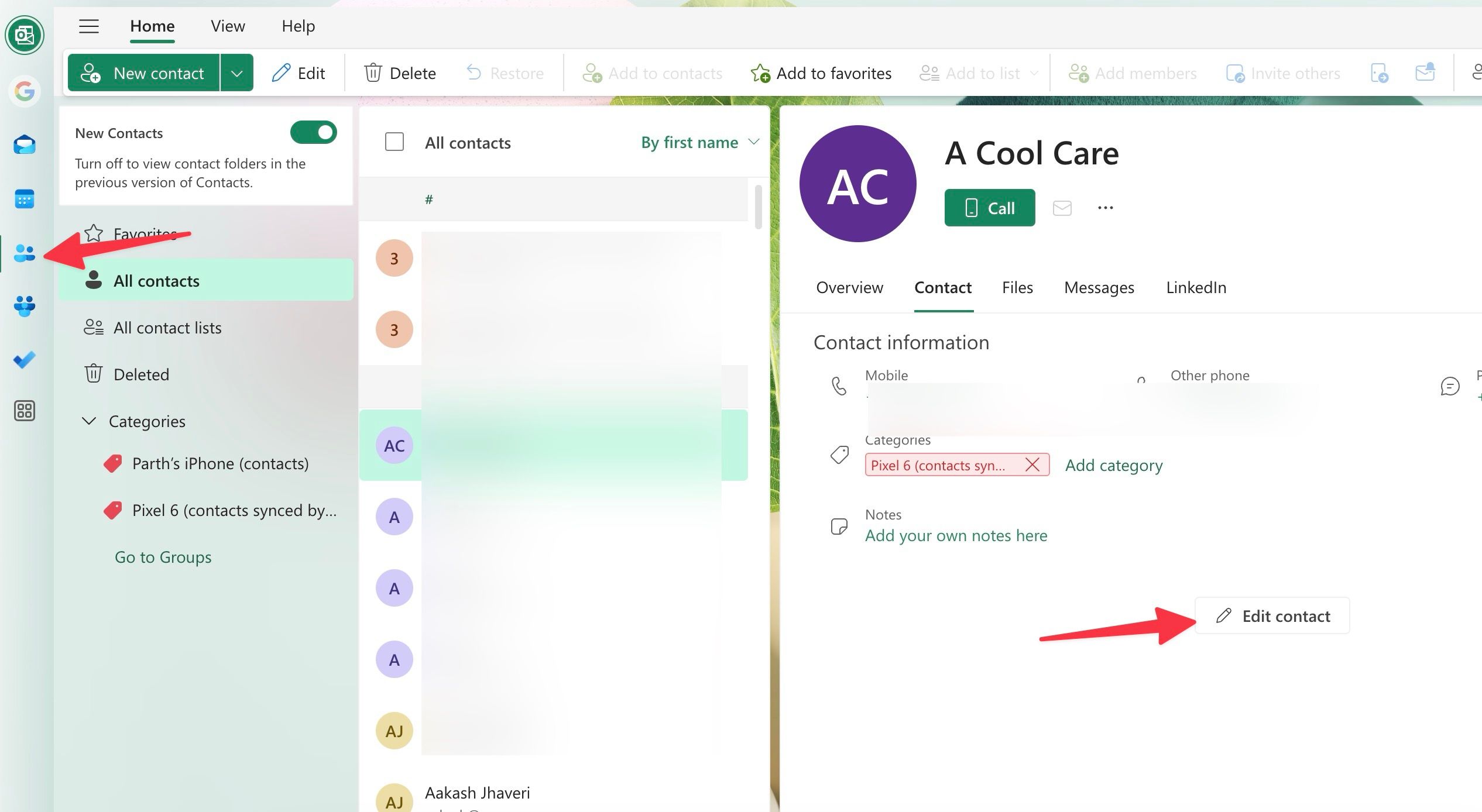 an option to edit Outlook contact
