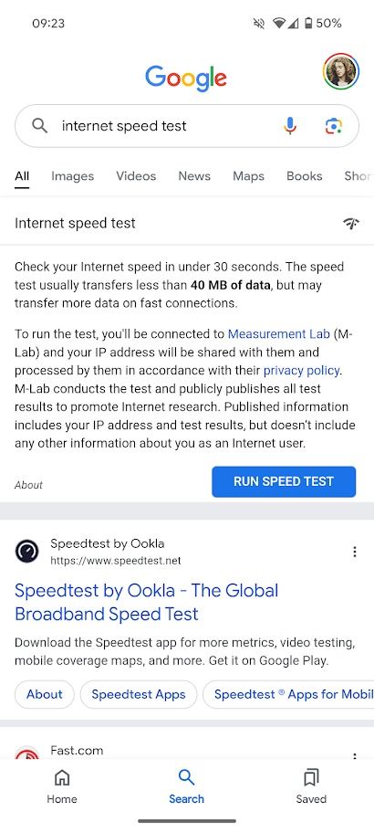 internet speed test checker on the google mobile app