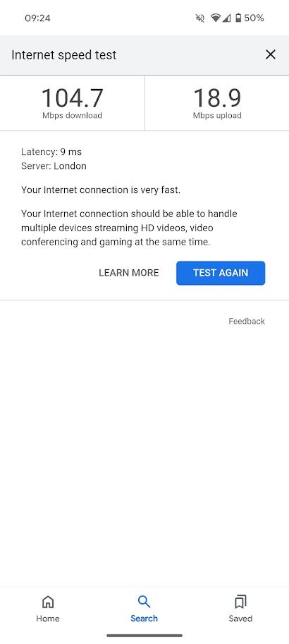 internet speed test checker results on the google mobile app