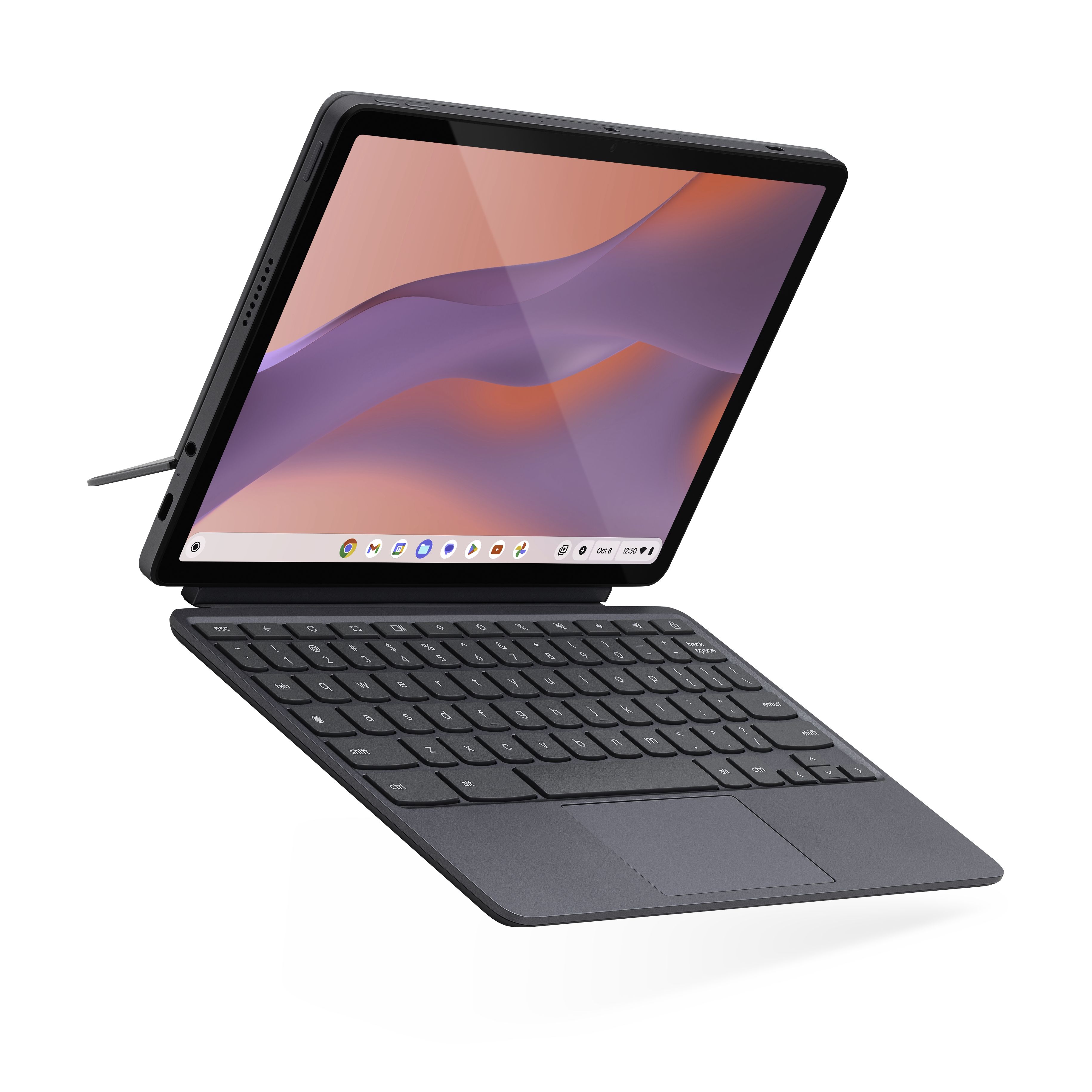 Lenovo Chromebook Duet 3 (2024) on white background with screen and keyboard open showing kickstand