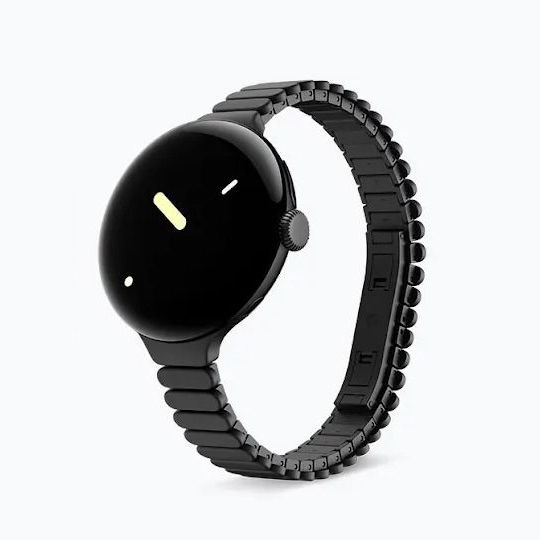 A render of the Google Pixel Watch 2 in black with the slim metal strap, angled to the right