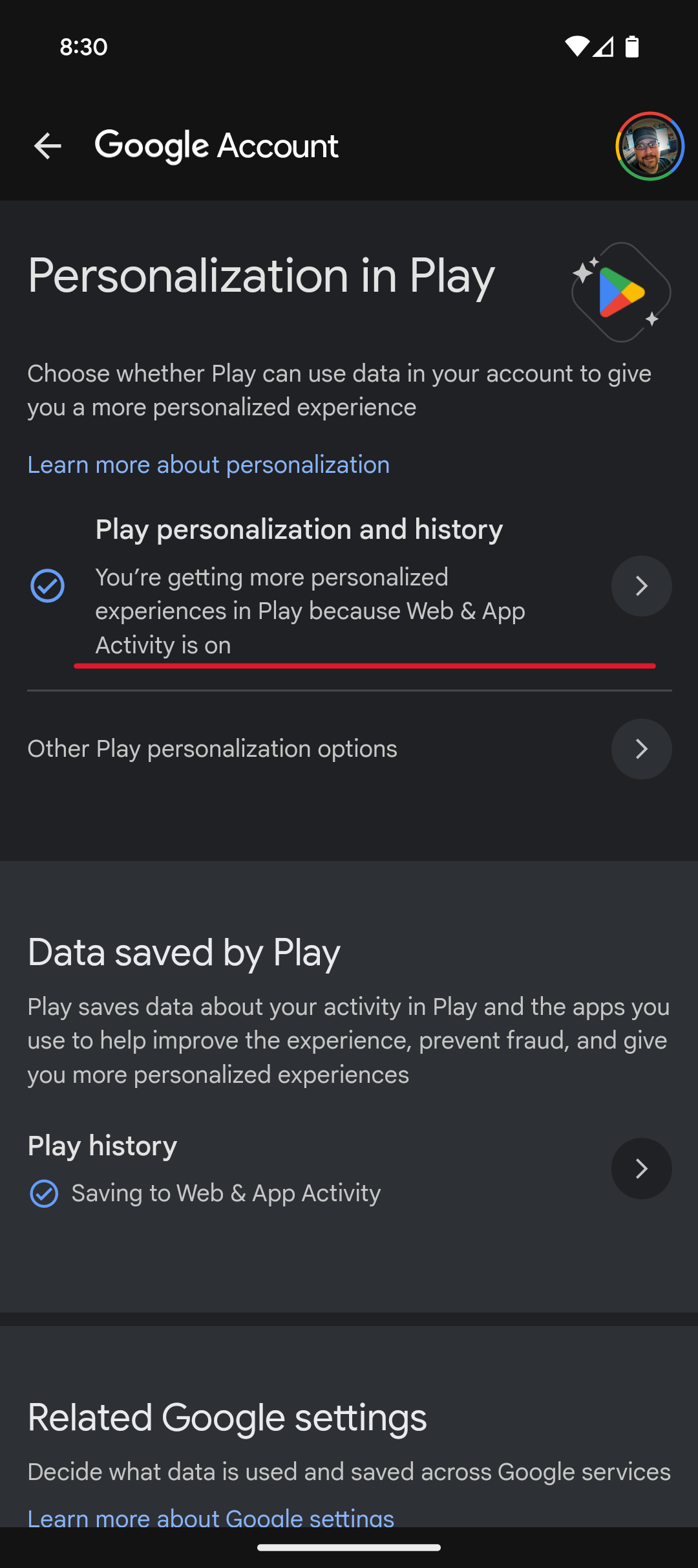 Play Store settings showing Personalization in Play settings