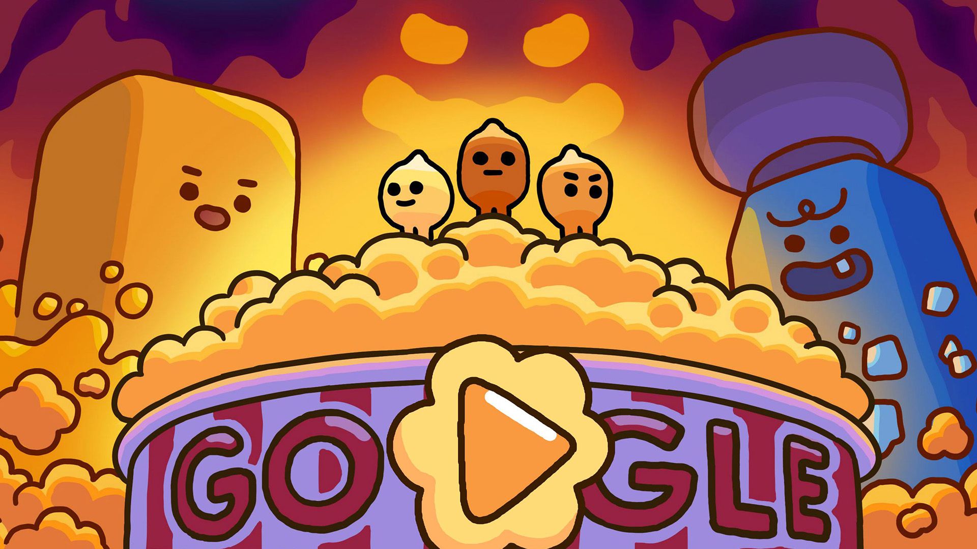 Google Doodle with popcorn kernel game characters being menacingly overlooked by salt and butter bosses.