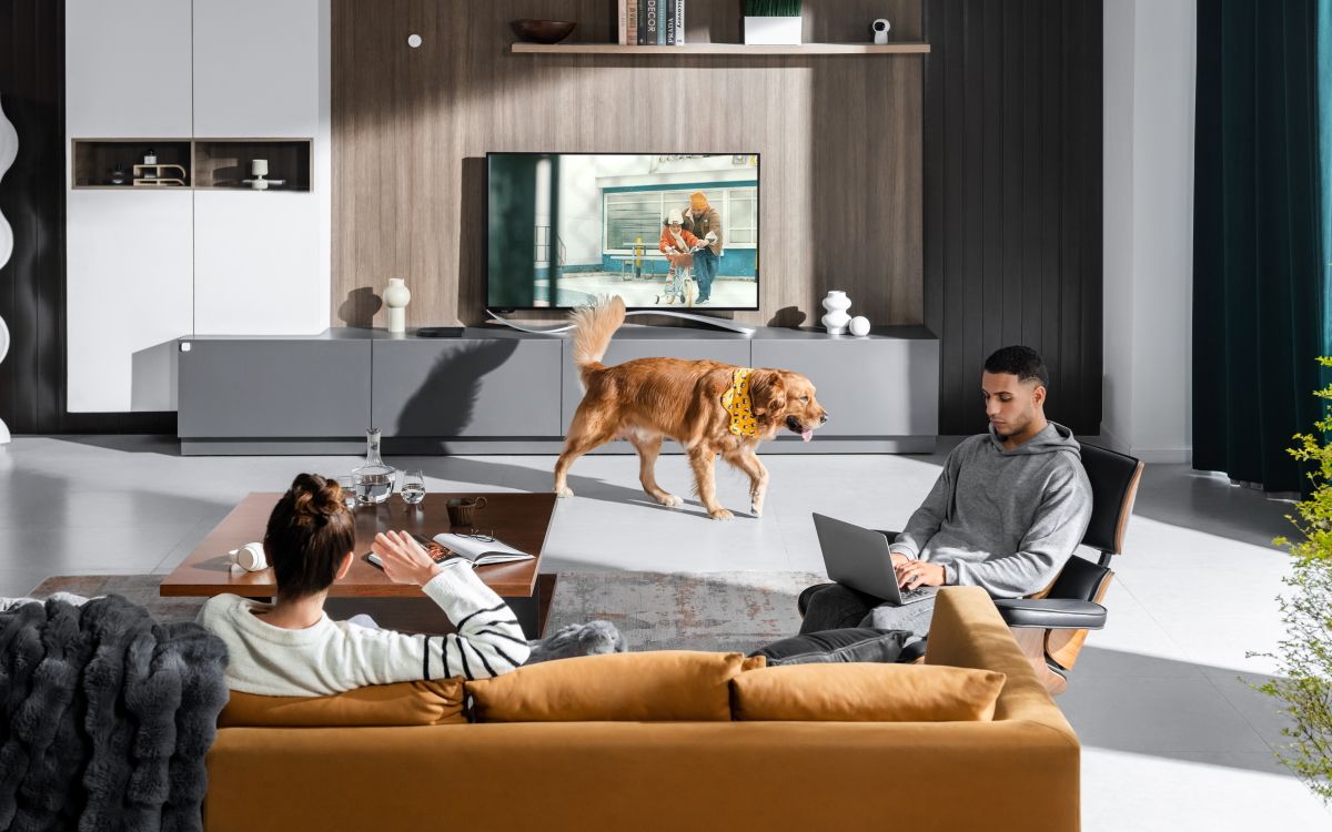 Couple and dog in living room with Aqara FP2 on back wall