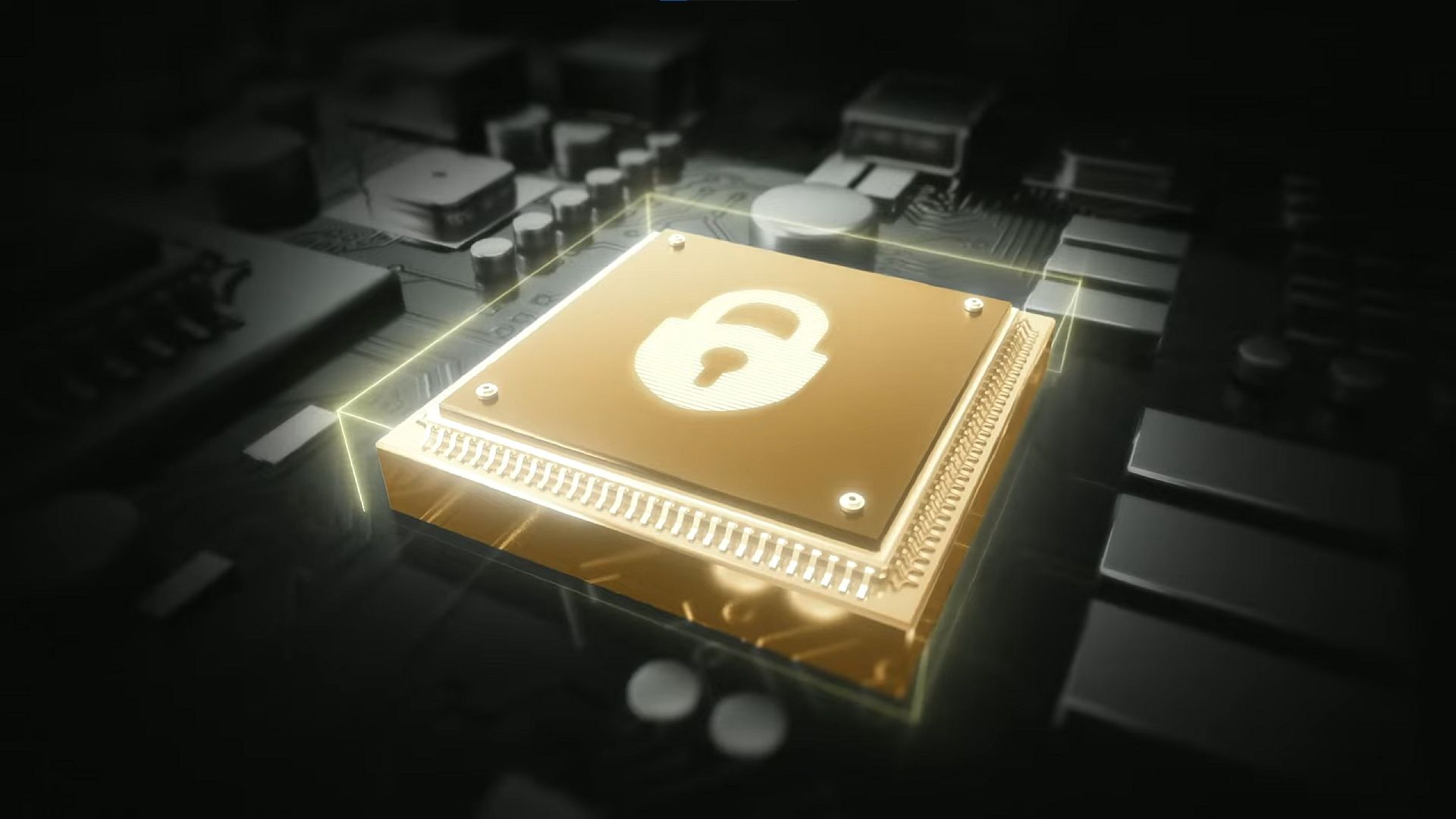 A render of a gold-colored CPU in a mainboard with a padlock logo on top