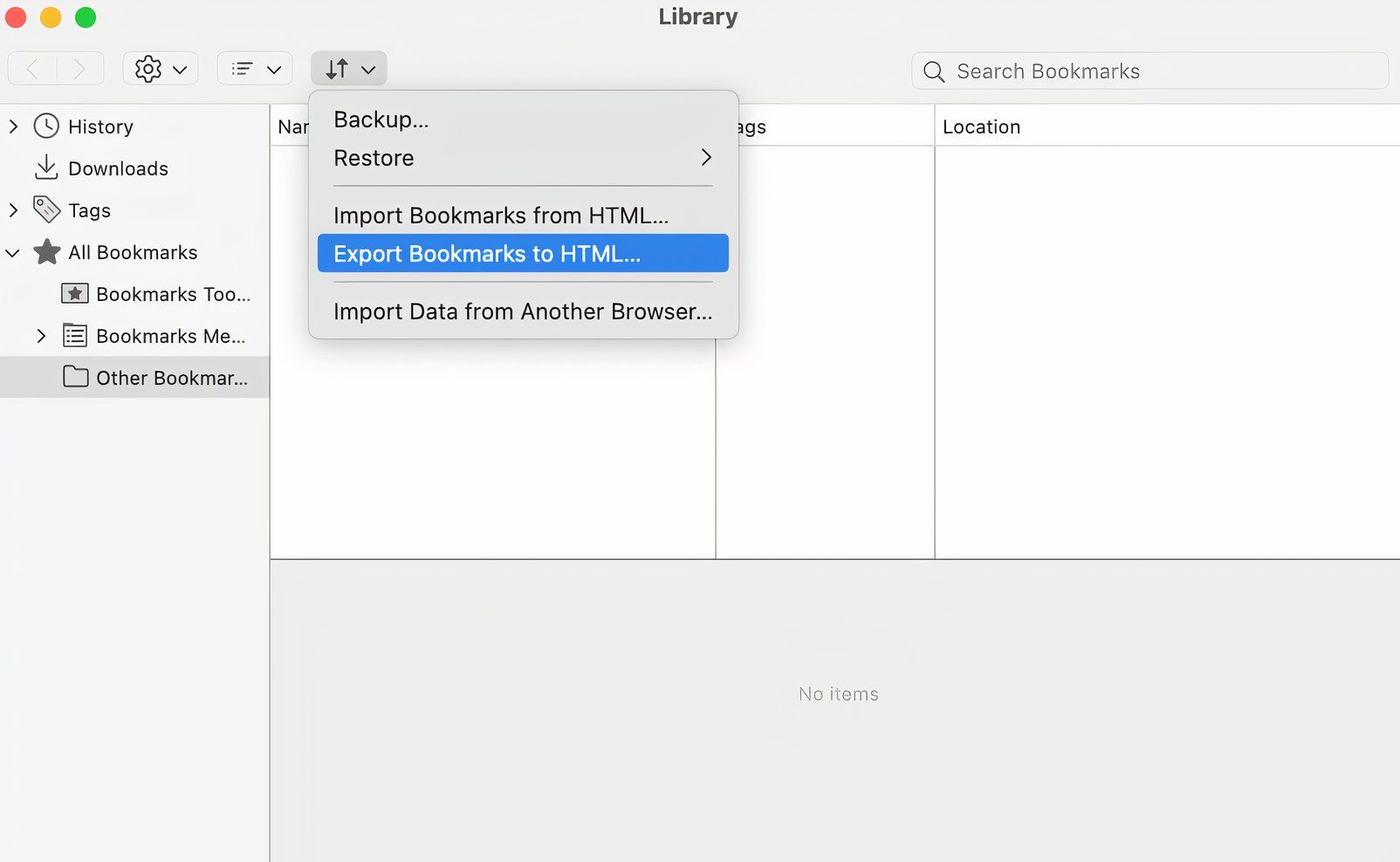 In the Library window that comes up, click Export Bookmarks to HTML.