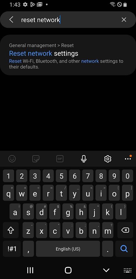 using search to find reset network in android settings