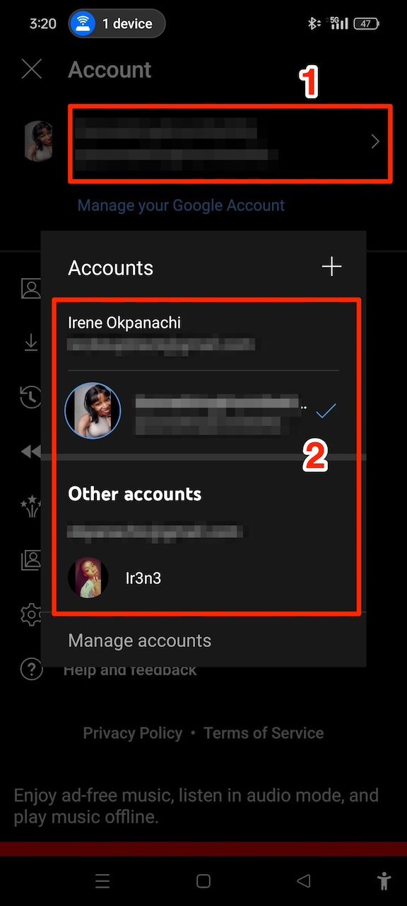 Account menu on YouTube Music mobile app