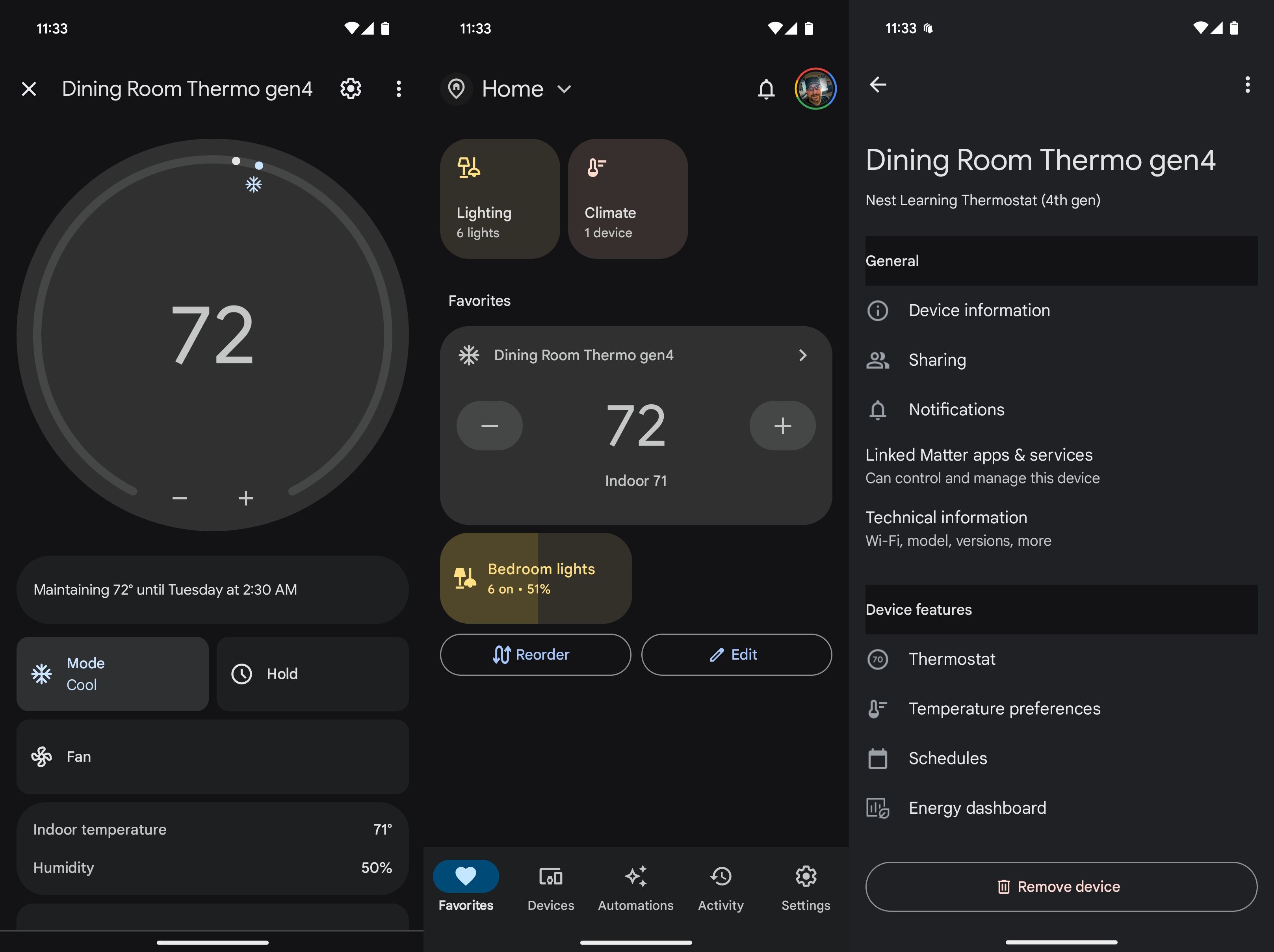 three google home screenshots shoing temperature screen, shortcuts screen, and settings