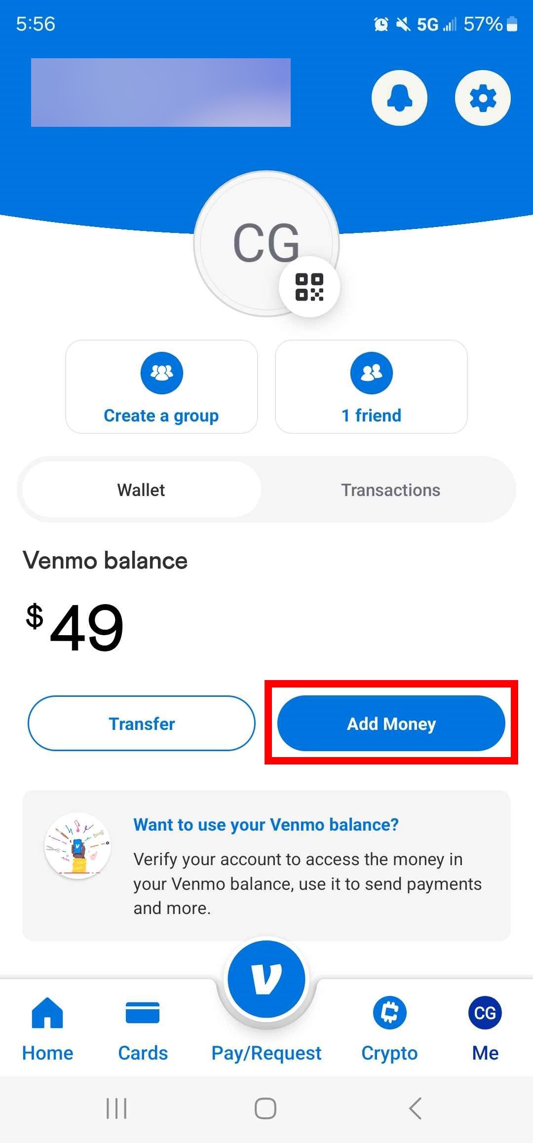 Làm nổi bật đường viền hình chữ nhật màu đỏ Thêm tiền trong ứng dụng Venmo