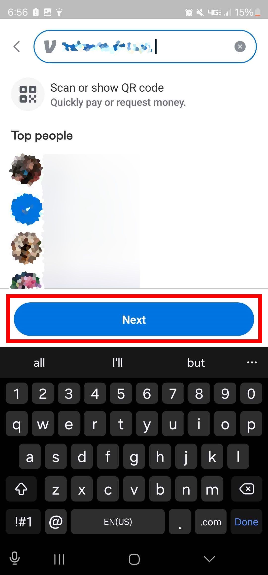 Tìm kiếm và nhập tên người nhận bằng nút tiếp theo được đánh dấu trong ứng dụng Venmo