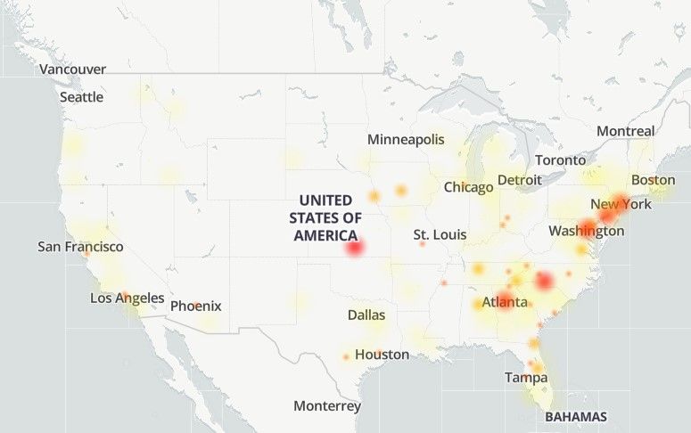 A map highlighting areas where the most complaints about Verizon being down are coming from.