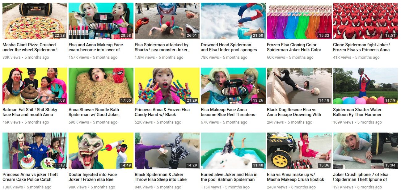 A screenshot of YouTube Kids during the ElsaGate controversy