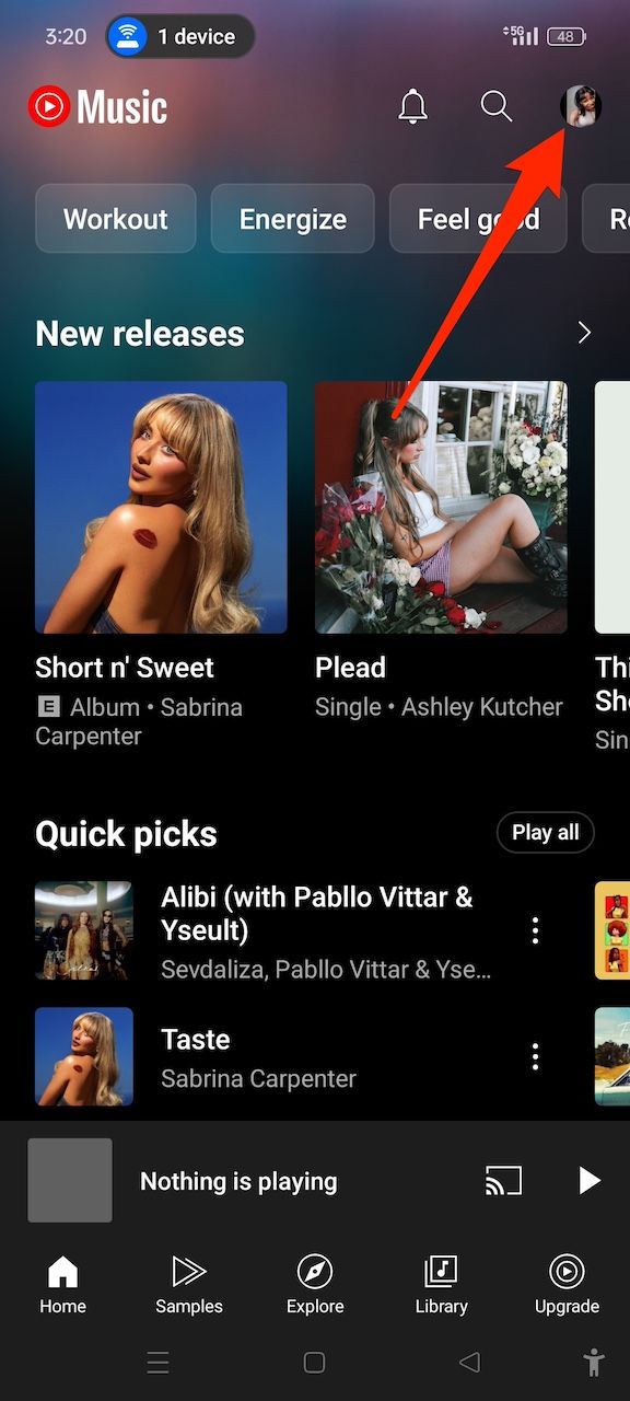 Home menu on the YouTube Music mobile app