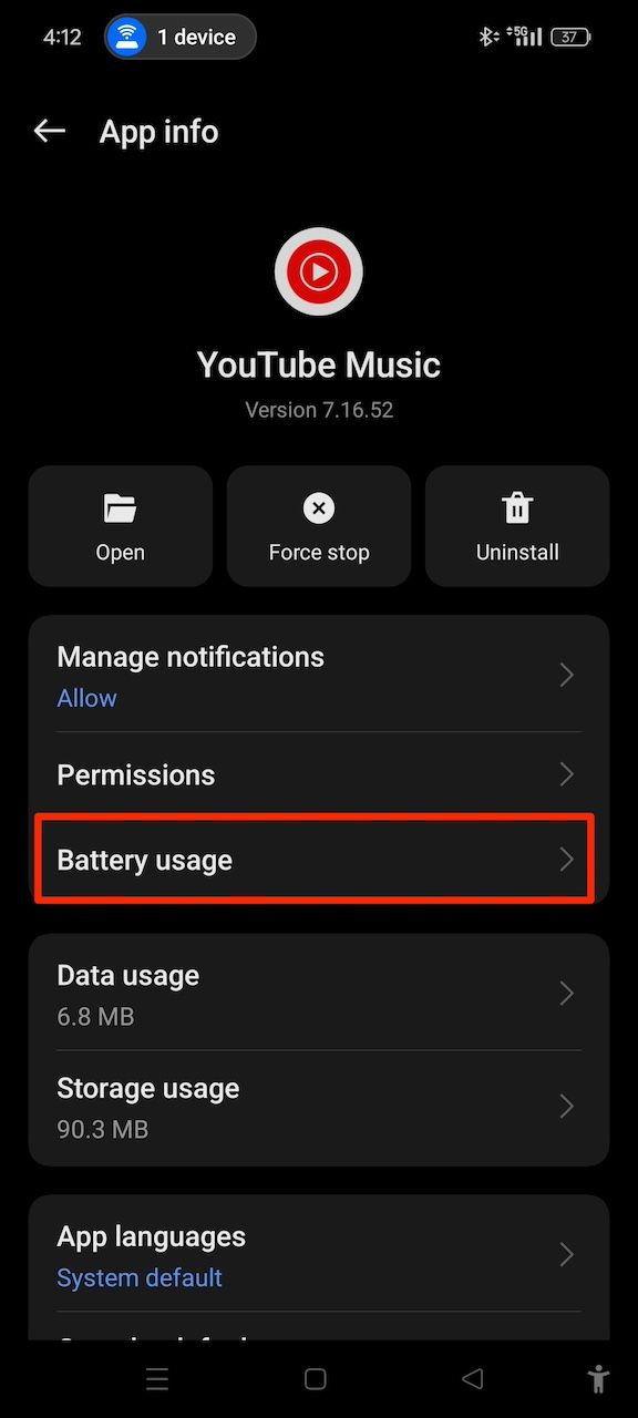 Selecting Battery usage options in YouTube Music app info menu