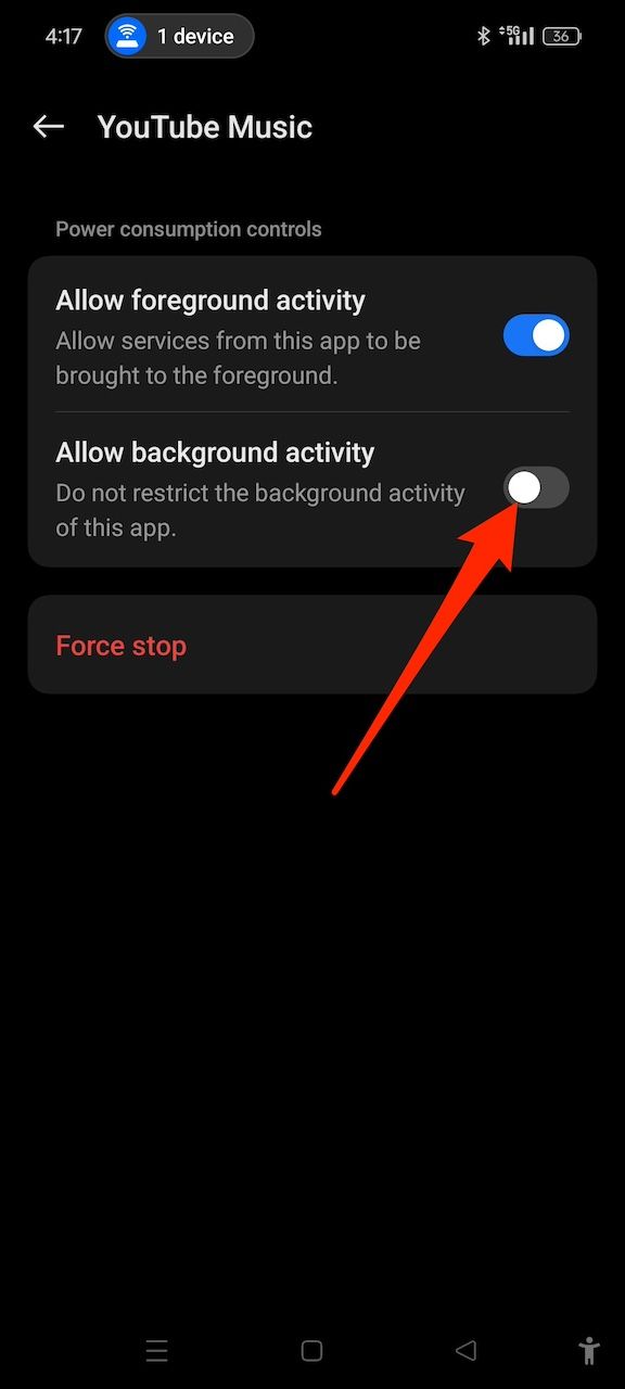 Enabling background activity in YouTube Music app info menu