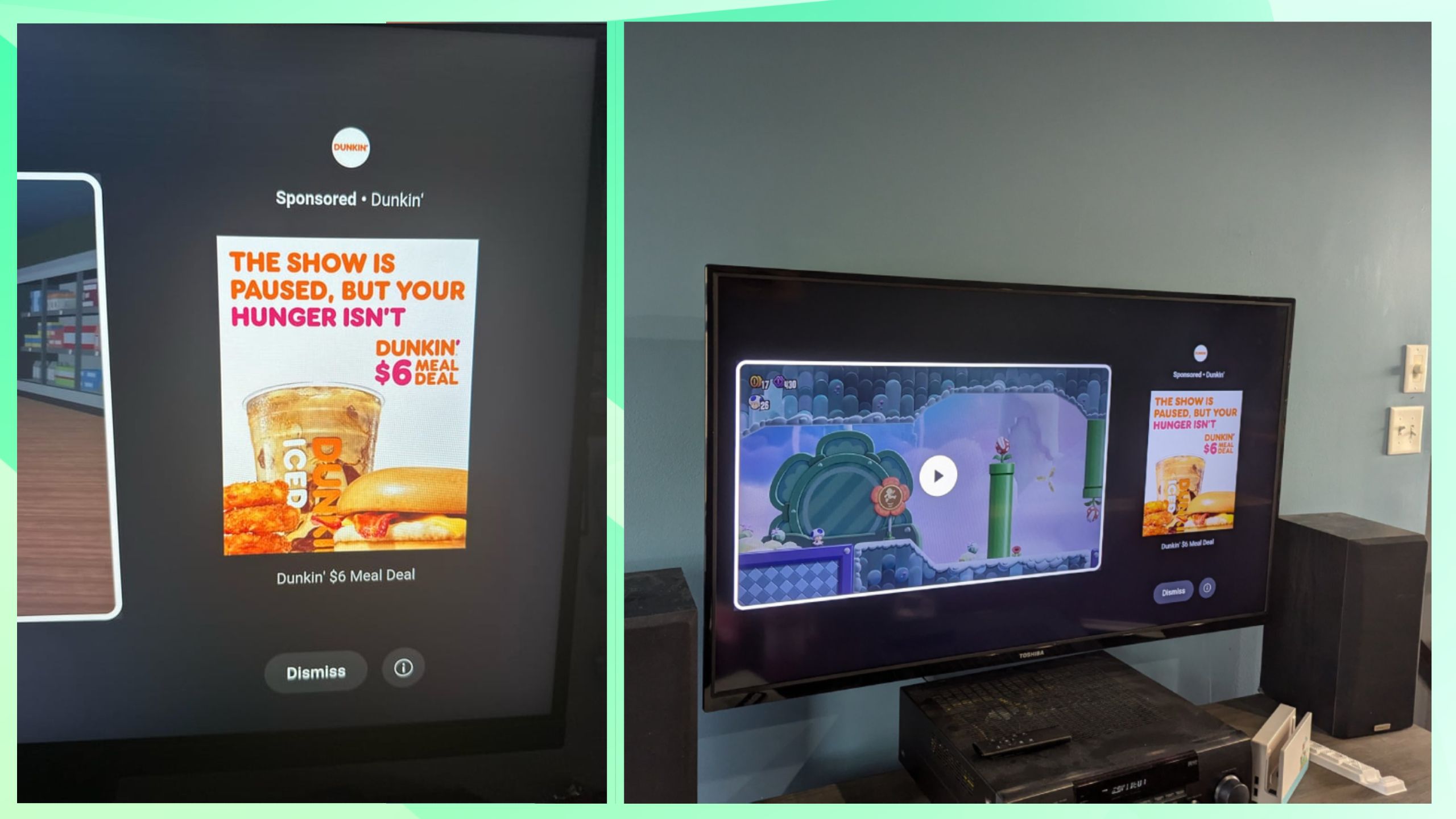 Two separate instances of Dunkin Donuts ads on YouTube for TV's pause screen.