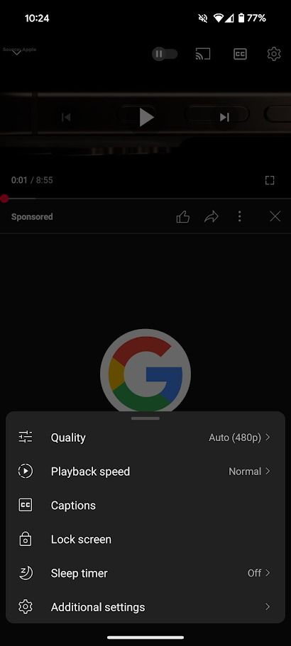 youtube mobile app's settings window