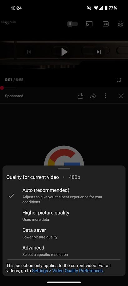 youtube mobile app's quality settings options