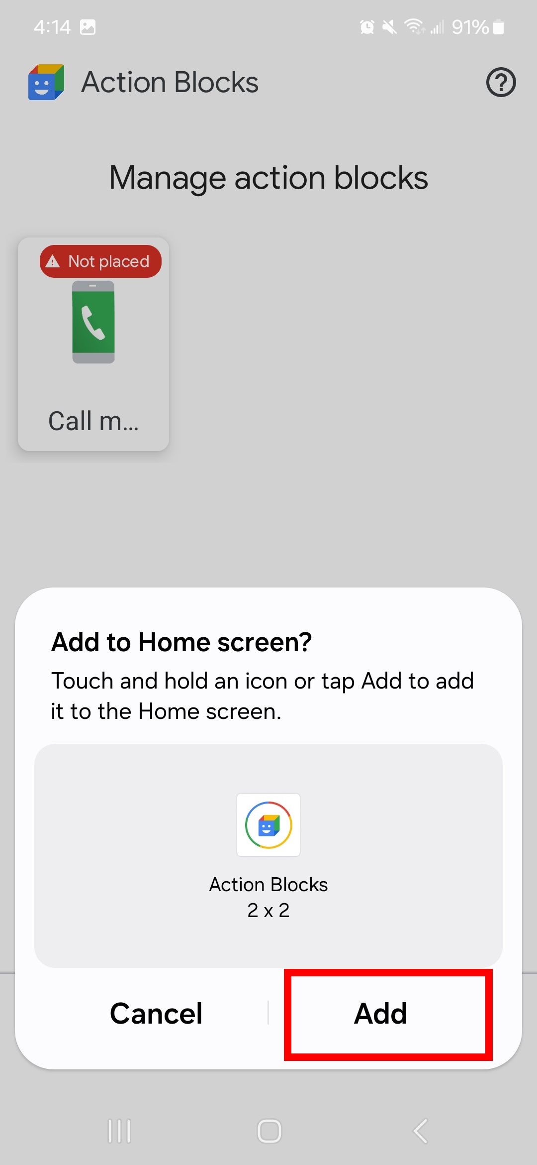 Red rectangle outline over Add in Add to home screen pop up in Action blocks app