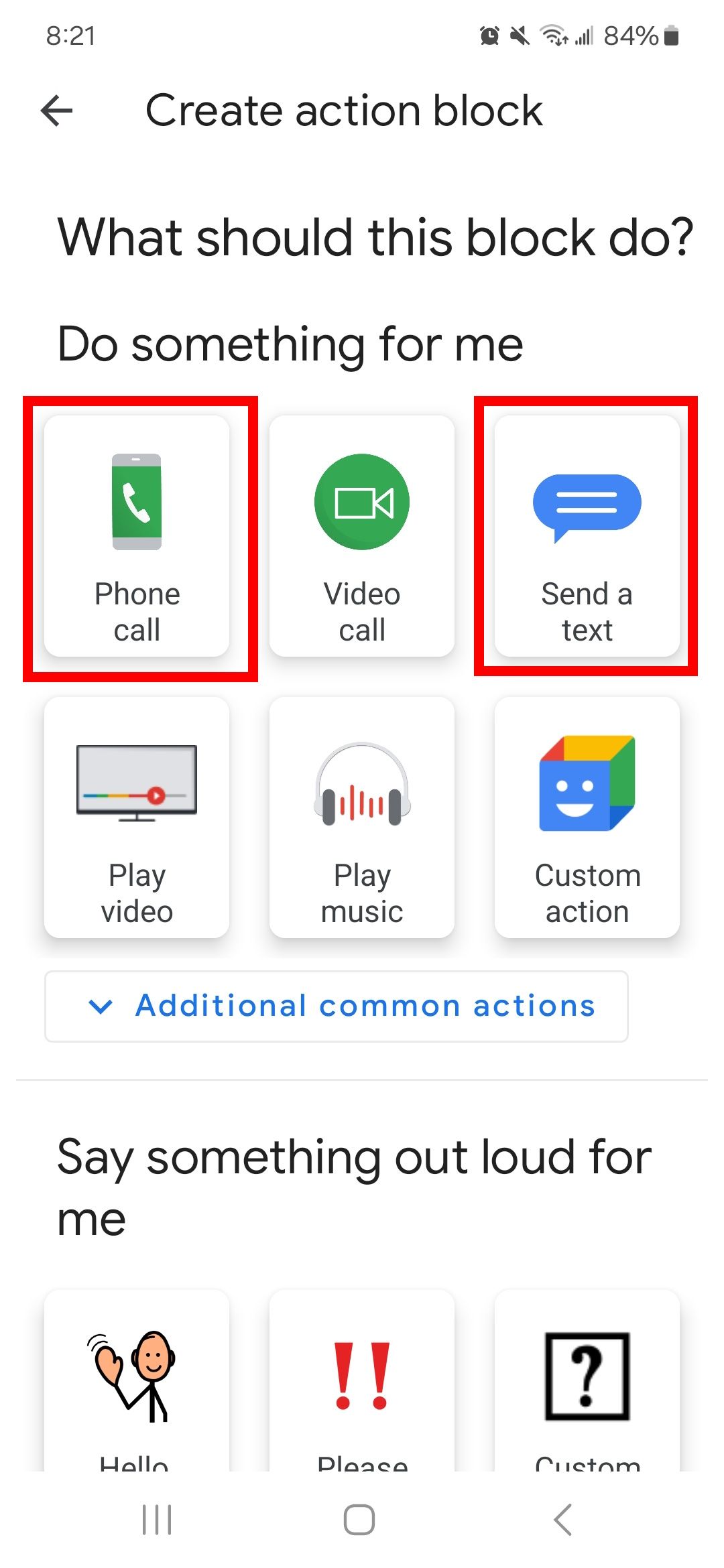 Red rectangle outline highlighting phone call and send a text action block options in Action blocks app