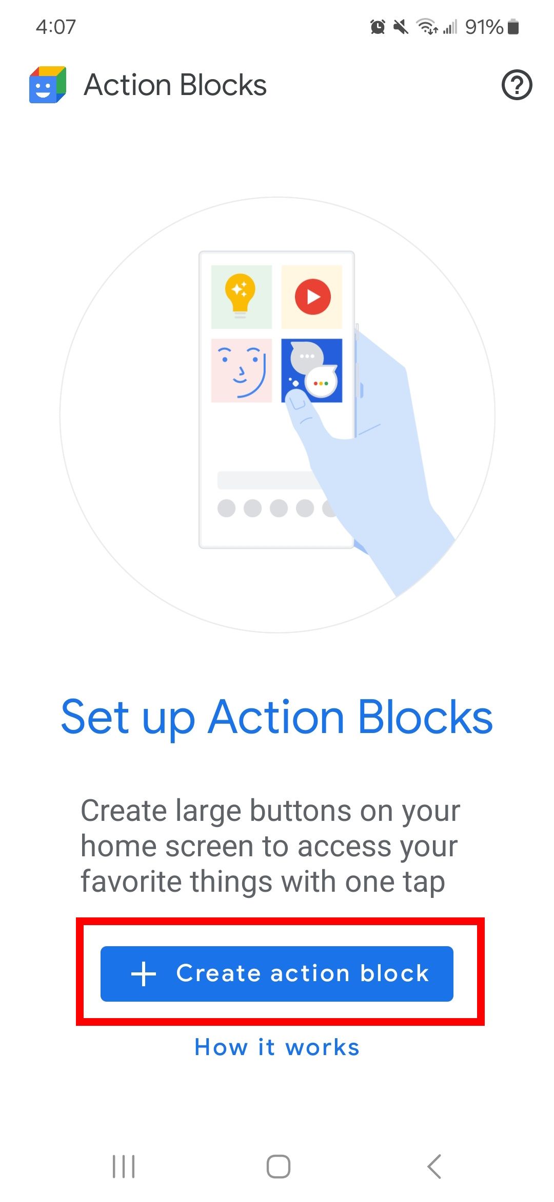 Red rectangle outline highlighting create action block button in the Action blocks app