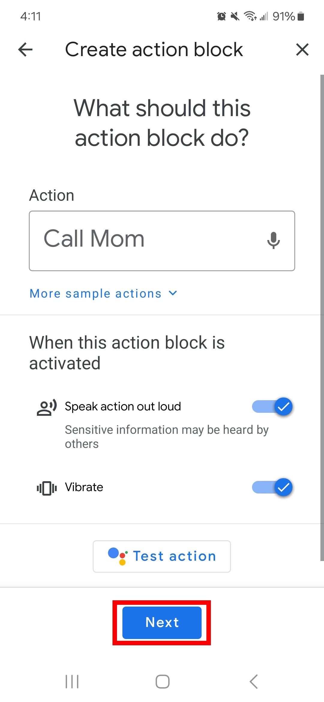 Red rectangle outline highlighting next button after typing in an action in Actions Block app