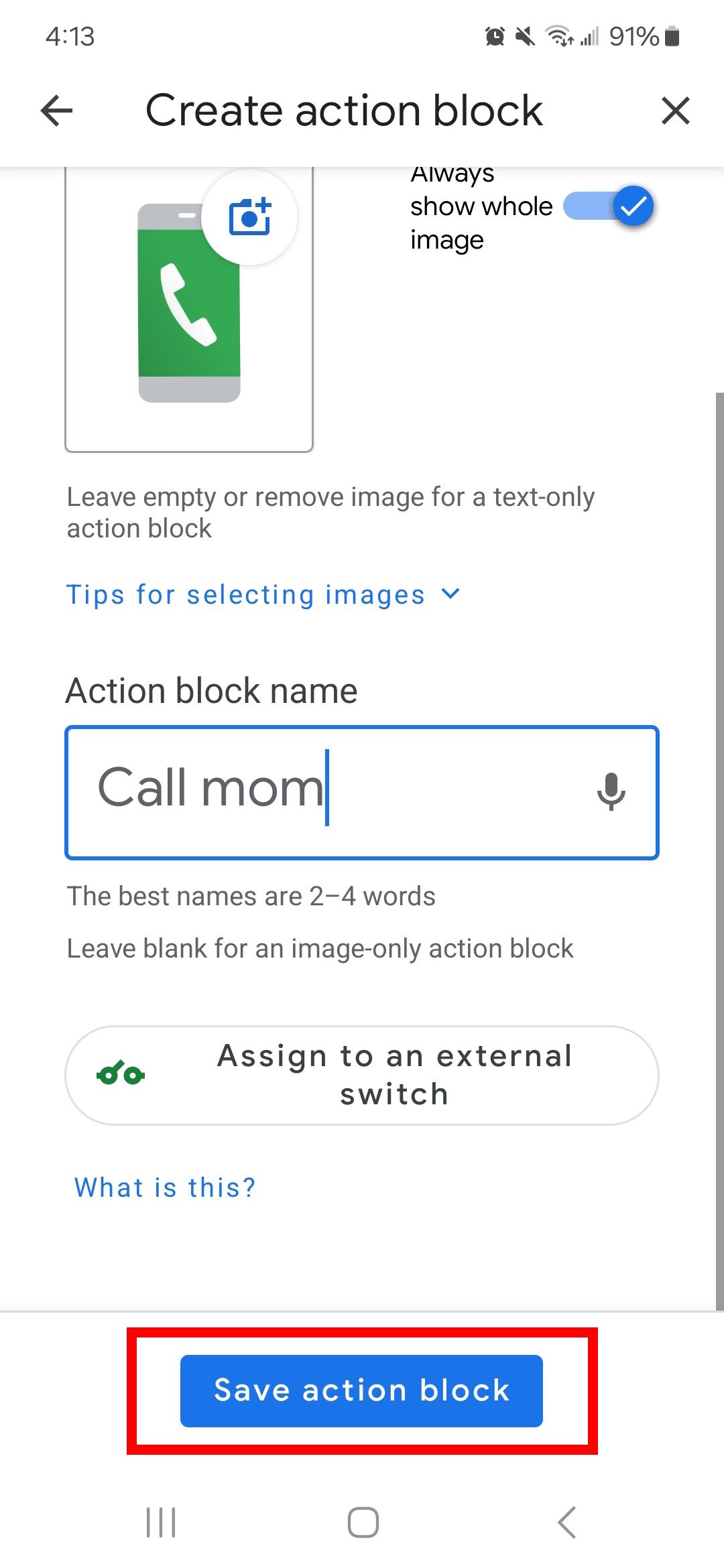 Red rectangle outline highlighting Save action block option in Action blocks app