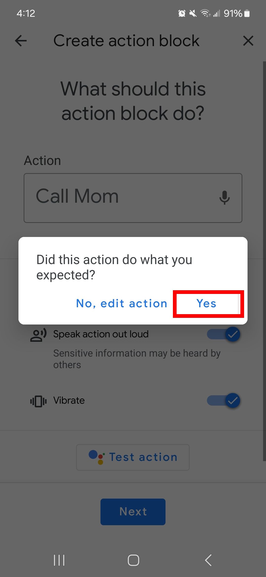 Red rectangle outline highlighting Yes button option after testing the action in Actions Block app