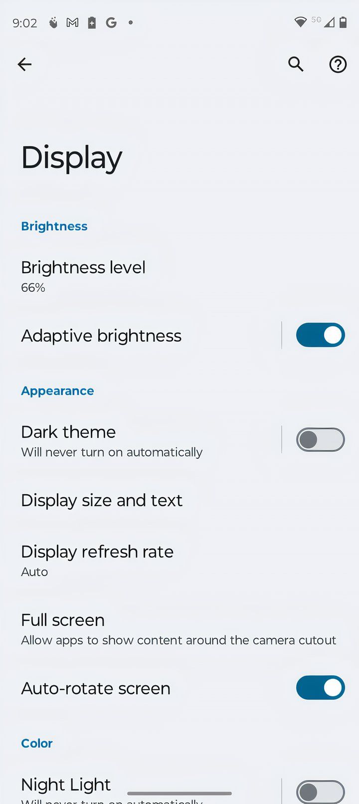 Adaptive brightness setting on a Moto G Power 5G 2024