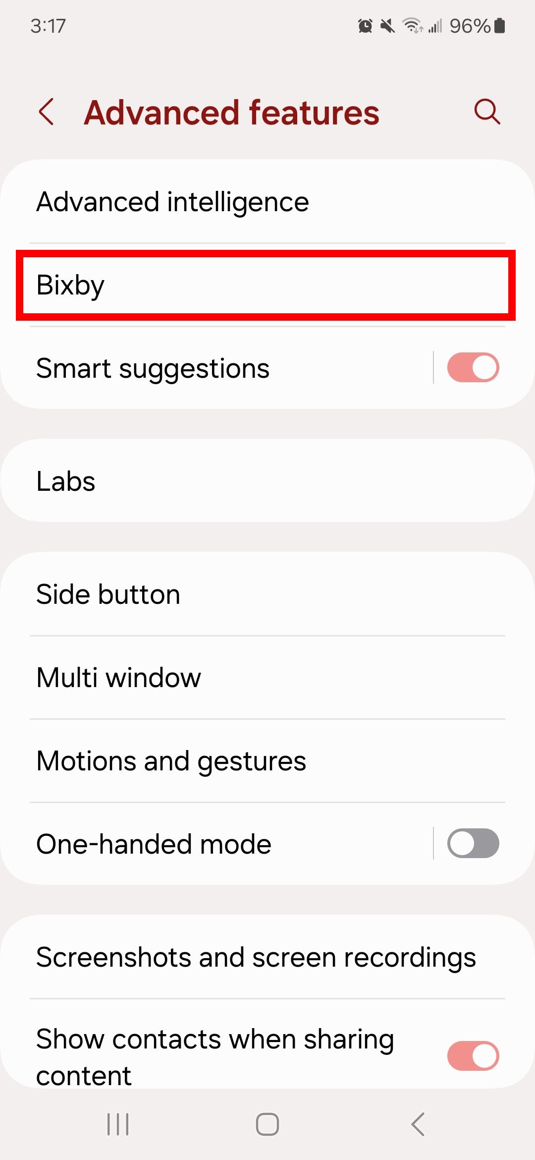 Red rectangle outline highlighting Bixby option in advanced features page