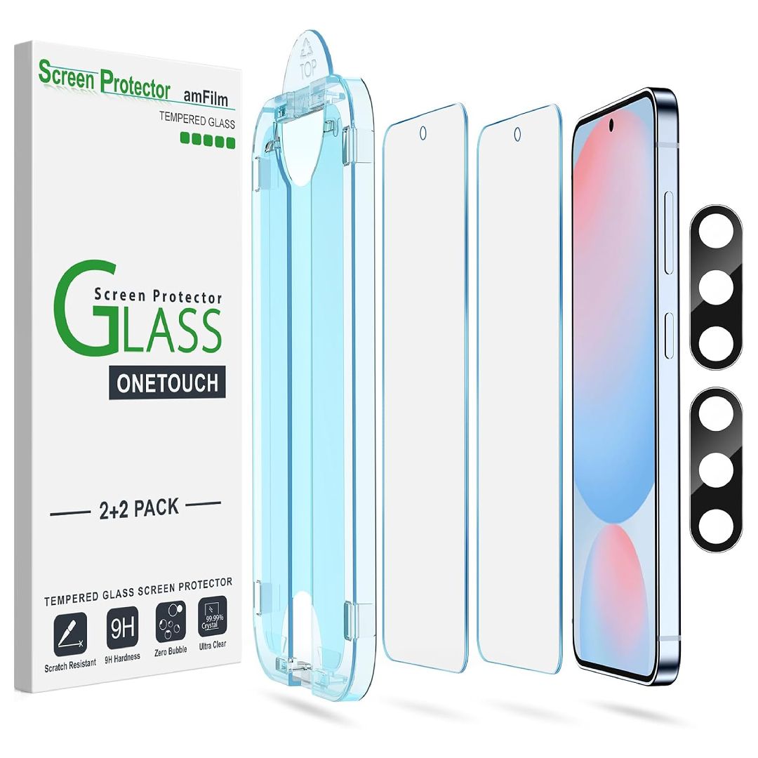 A render of the AmFilm OneTouch Galaxy S24 FE screen protector, its camera protectors, and the installation bracket