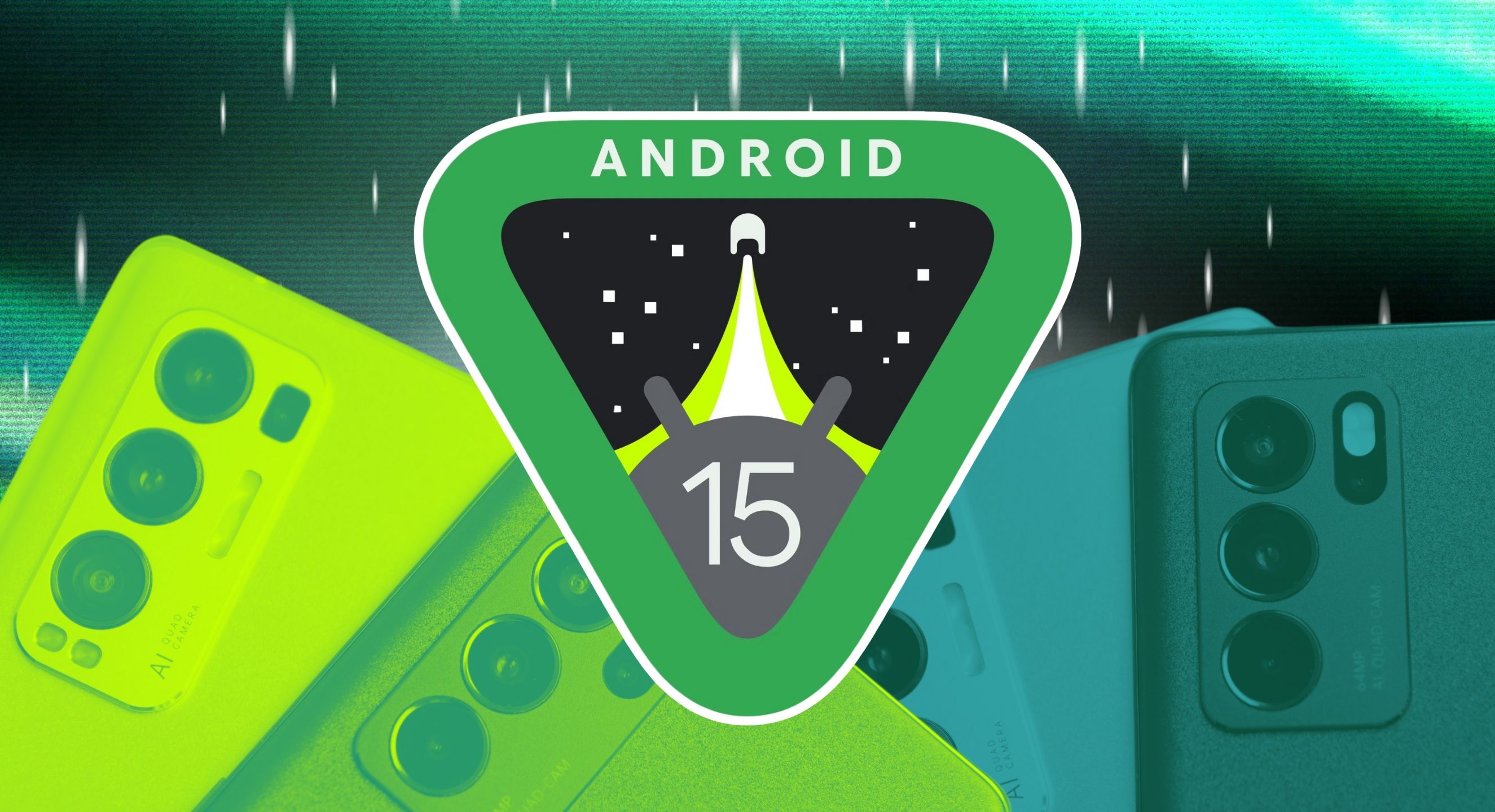 The Android 15 badge in front of a collection of phones