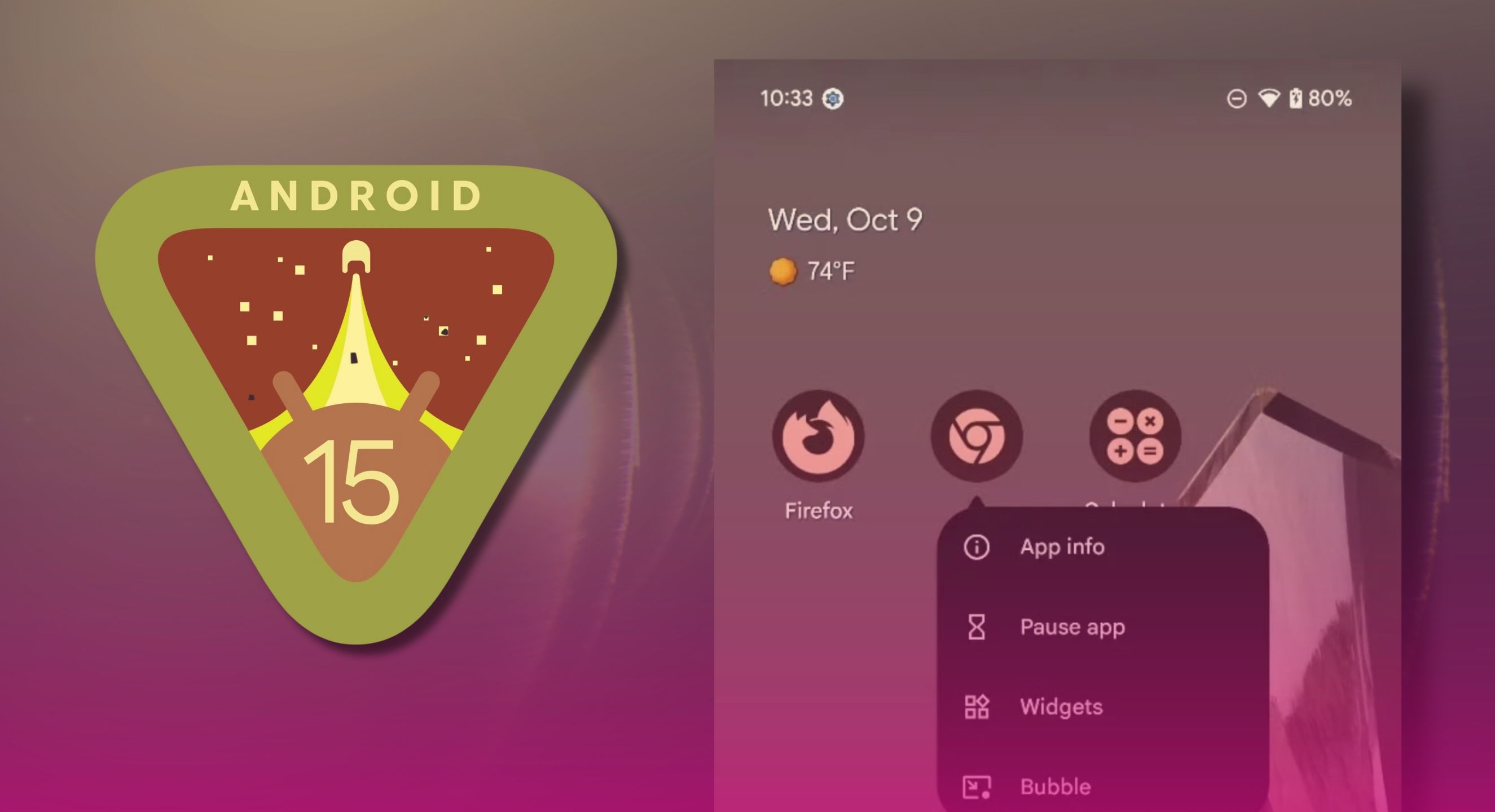 The Android 15 logo beside an android Home Screen screenshot.