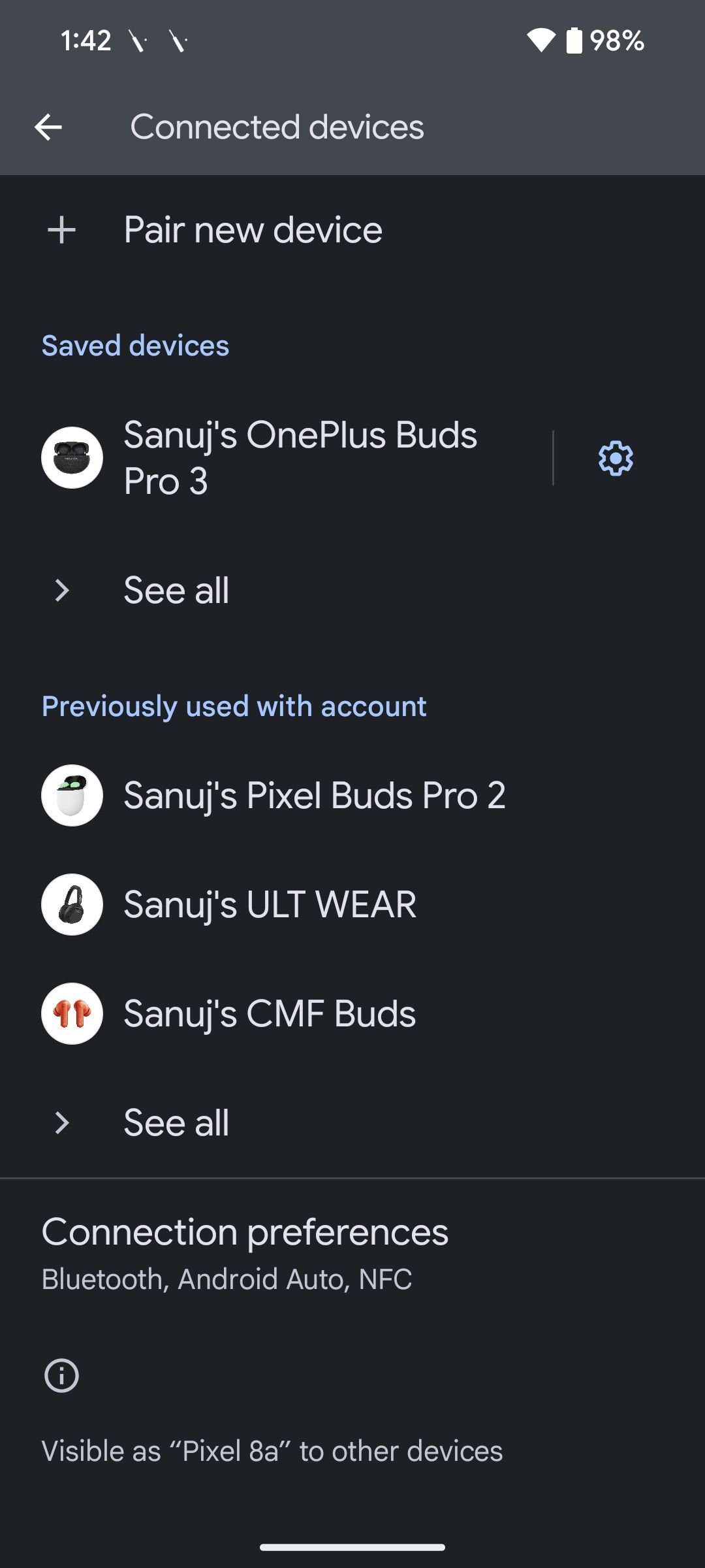 Connected devices menu in Android 15 that highlights connection options