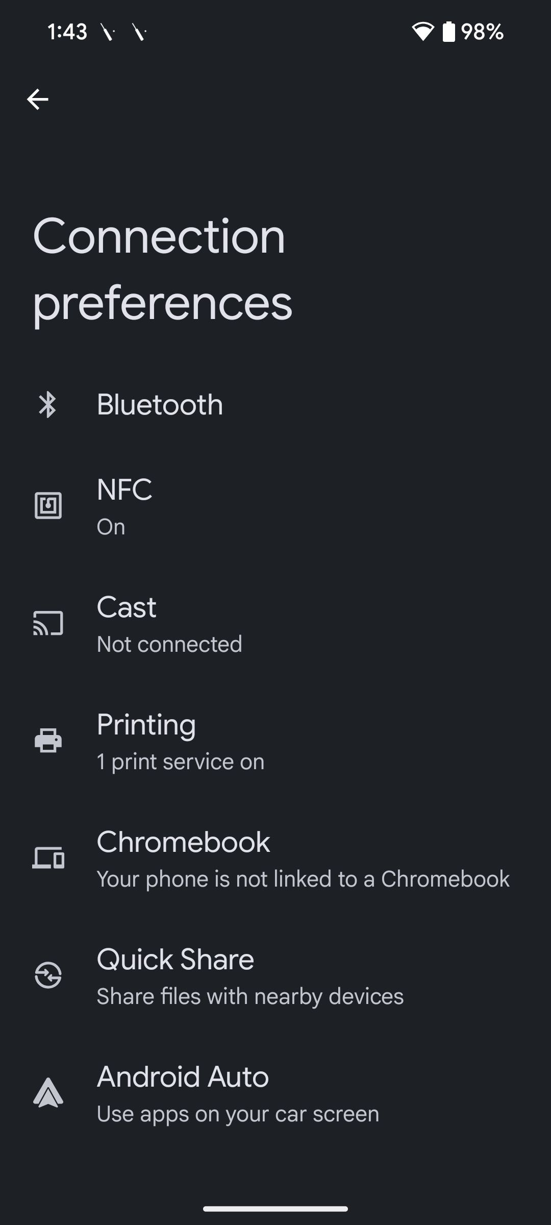 Android 15 connectivity settings using Bluetooth, NFC, and other related settings